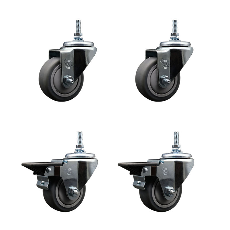 3 Inch_Thermoplastic Rubber 12MM Threaded Stem Caster Set 2 Brakes SCC
