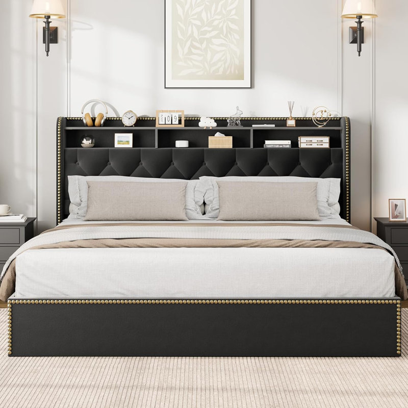 Structure de lit tapissier en velours avec 4 tiroirs de rangement, tête de lit plateforme capitonnée avec garniture cloutée, support de lattes en bois, aucun sommier nécessaire