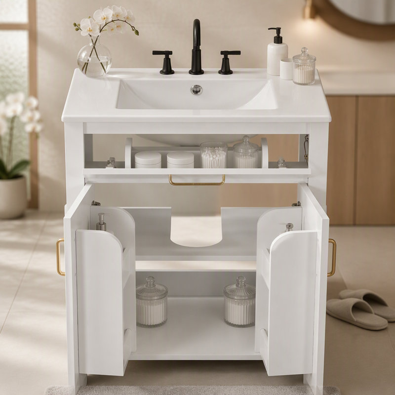 Meuble-lavabo moderne de 48 pouces avec lavabo en céramique, portes à fermeture en douceur, tiroir rabattable, tablettes de porte à double couche, solution de rangement élégante