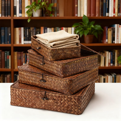 Seagrass Storage Baskets With Lids Set Of 4, Woven Organizer Bins For Home Decor, Multi-Size Decorative Boxes For Shelf, Closet, And Bedroom Organization