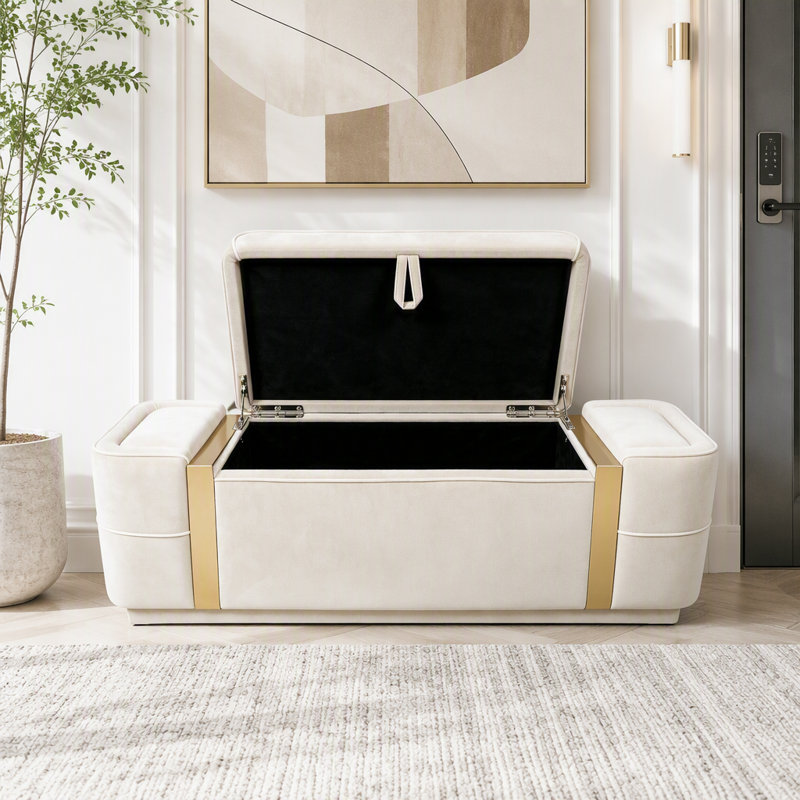 Banc de rangement moderne avec repose-pieds en velours et détails en métal doré, Beige
