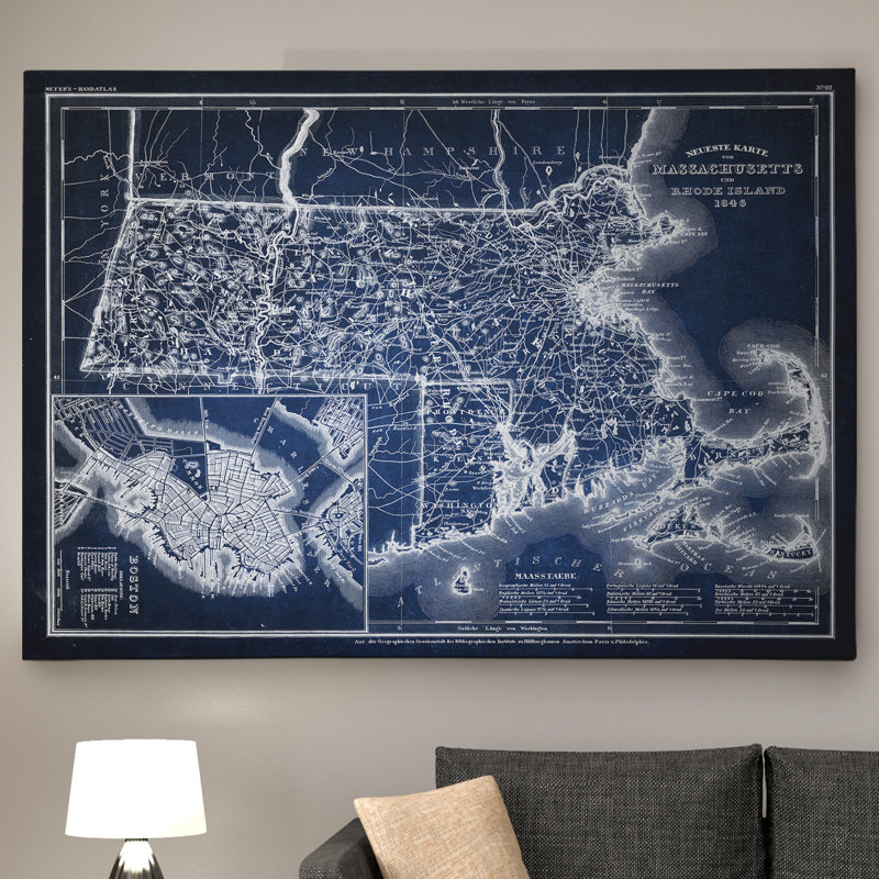 Carte d'esquisse du Massachusetts - Impression sur toile, H 30 po x l 40 po x P 1,5 po