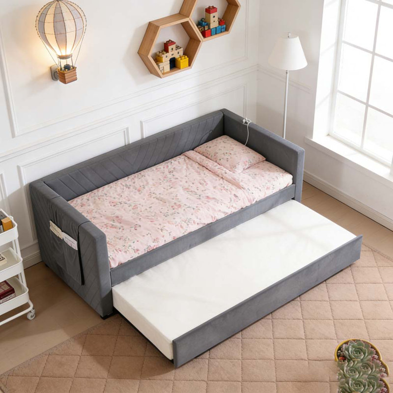 lit de jour moderne en velours, base de lit en bois robuste, Gris