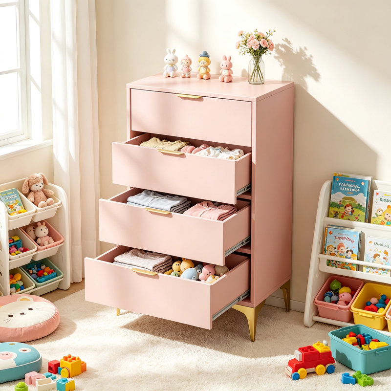 4 Drawer Dressers for Bedroom, Storage Chest Cabinet Organizer Unit, Chest of Drawer -Pink, Pink
