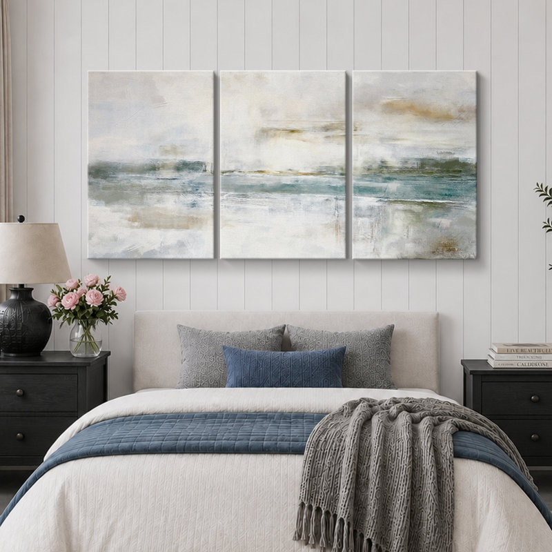 Paysage minimaliste «Œuvre abstraite grunge vert-gris, images murales industrielles modernes et chics, impression sur toile encadrée, 3 pièces