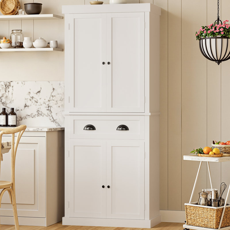 Tall Kitchen Pantry with 4 Doors and Large Drawer for Dining Room Living Room, White
