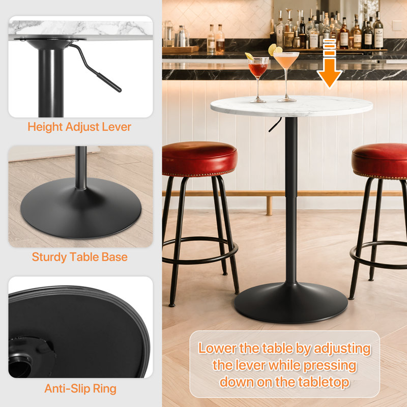 23.5" Bistro Pub Table Adjustable Height Round Cocktail Bar Table with Wood Tabletop and Metal Base, Marble White
