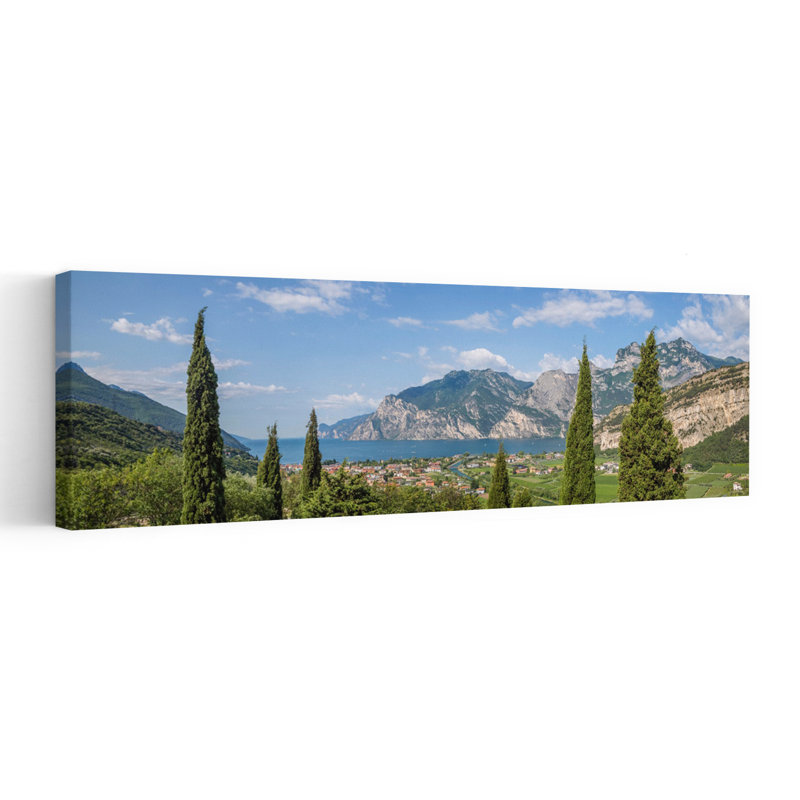 Lac de Garde, cyprès, vue, contemporain, cyprès, paysage, montagne, art mural, H 16 po x l 48 po