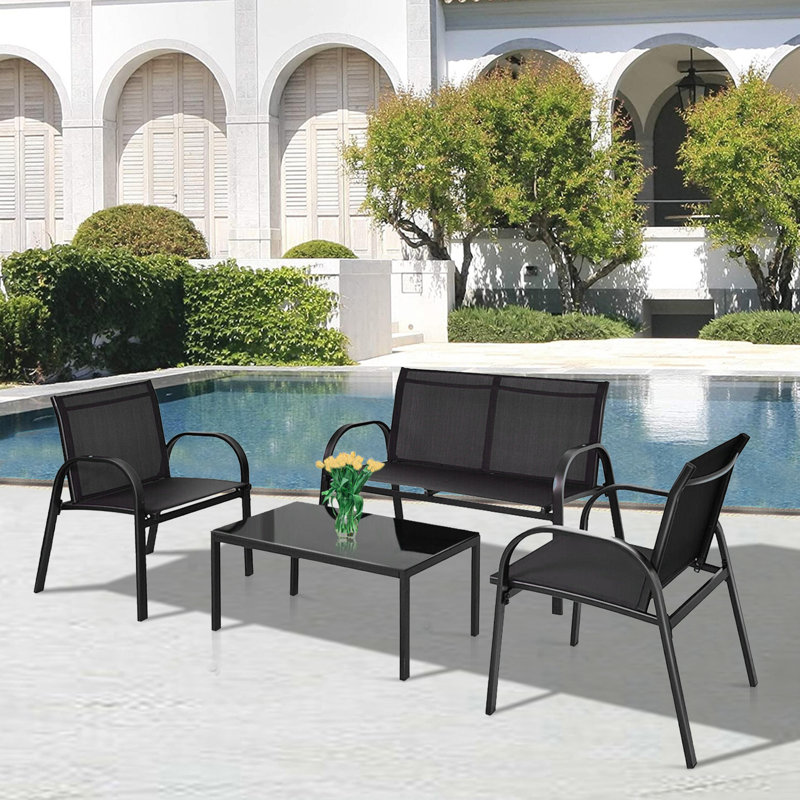 Outdoor 4 Pieces Patio Furniture Set with Glass Top Coffee Table, Black