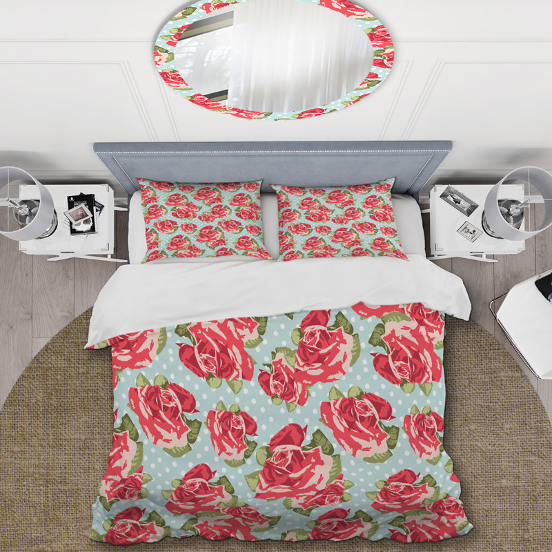 Roses rouges et feuille verte - ensemble de housse de couette à motif floral - microfibre de polyester