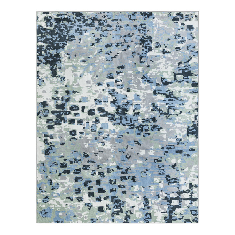 Tapis en polyester tissé à la machine Azion en gris / bleu marine / ivoire, Rectangle 9 pi x 12 pi