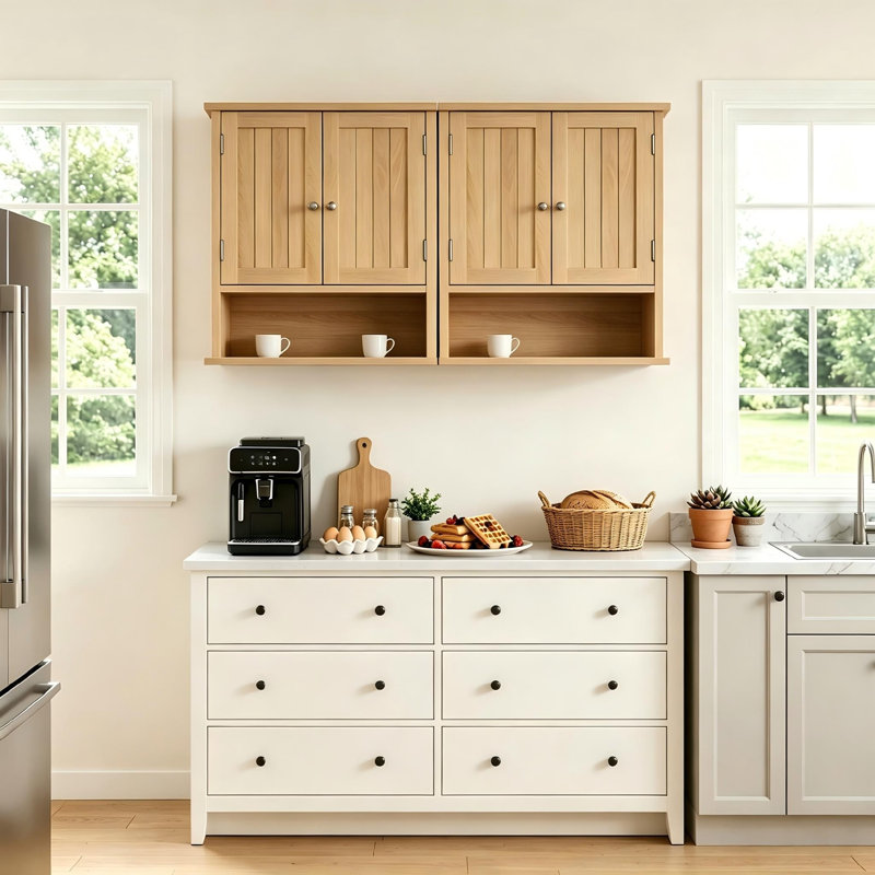 55 x 60 cm Oak Kitchen Wall Cabinet with Double Doors & Adjustable Shelf, Open Shelf Kitchen Cupboard 2-Piece Wall-Mounted Storage Cabinet for Dining Room Breakroom
