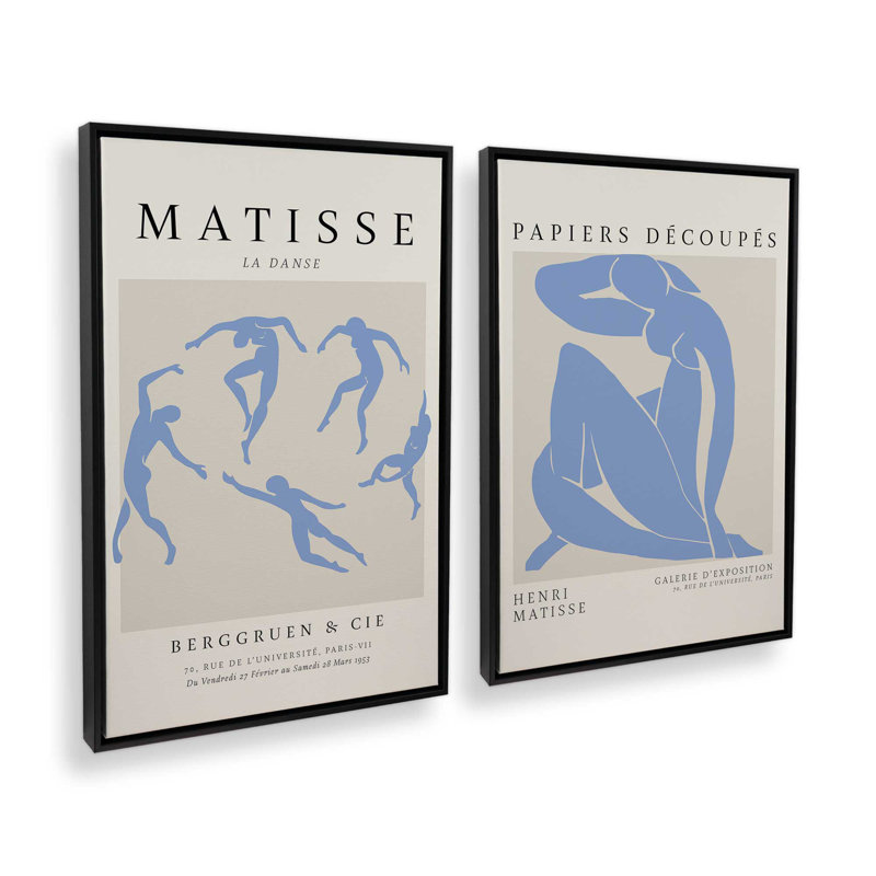 Ensemble de 2 Matisse La Danse et Blue Nude, H 36 po x l 50 po, Cadre flottant noir satiné