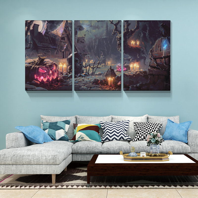 3 panneaux d'art mural encadrés, peinture pour Halloween, H 12 po x l 18 po x P 1,5 po