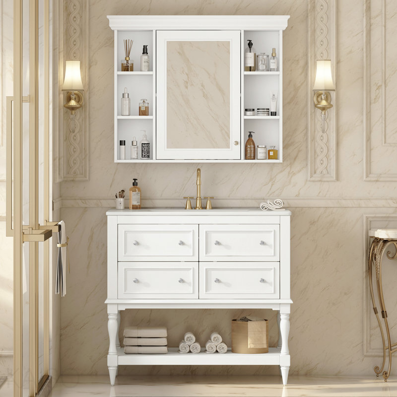 Meuble-lavabo de 36 po avec armoire à pharmacie, armoire à miroir moderne avec tablette réglable, armoire de rangement pour salle de bain à 4 tiroirs, armoire de rangement pour cadre de salle de bain en bois massif