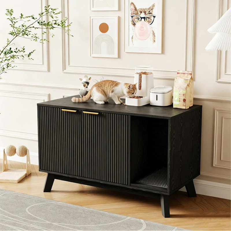 Enceinte de litière pour chat 38,6 "avec tapis et trous ventilés - meubles de litière cachés, table de bout, Black