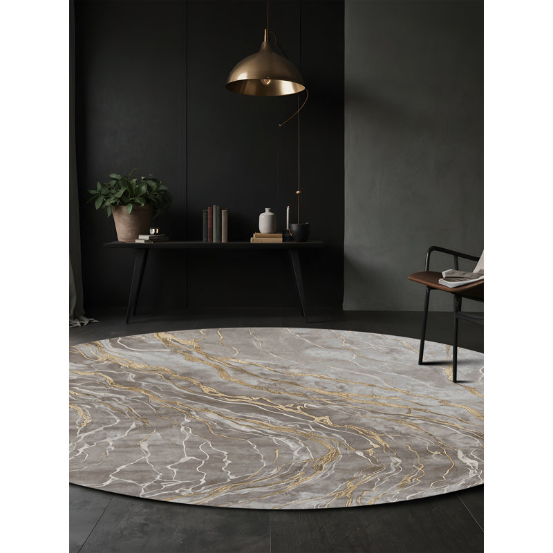 Machine Washable Gray Area Rug, Round 4'