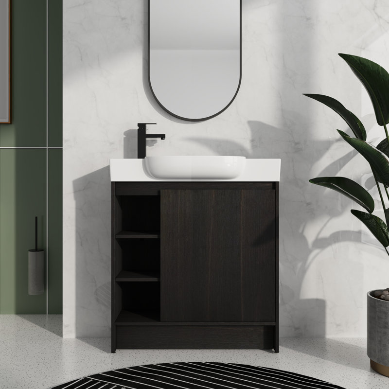 Armoire de salle de bain 30 po - Lavabo en céramique blanche et porte à fermeture en douceur, Noir