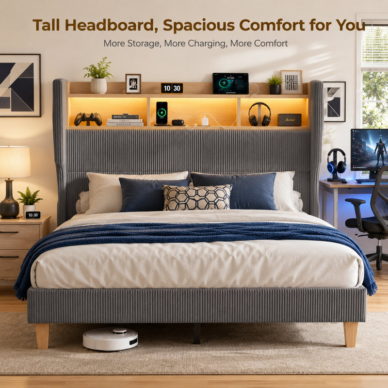Upholstered Platform Bed Frame with 130CM Tall Headboard, LED Lights & Charging Station, Corduroy Upholstered Platform Bed with Storage Shelf, No Box Spring Needed