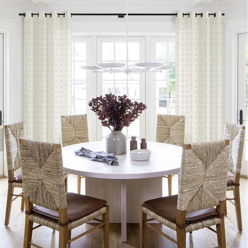 Neutral Curtains For Living Room,Floral Pattern Linen Sheer Country Boho Block Print Farm House Curtains 2 Panels Set, Cream