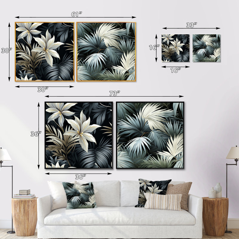 Garet - Ensemble de 2 collages carrés floraux, Cadre flottant noir, H 16 po x l 33 po