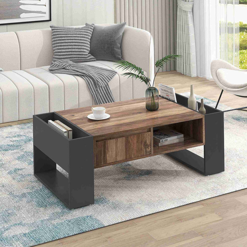 Table basse à grain de bois avec un tiroir sans poignée, double espace de rangement, compartiments de rangement des deux côtés, table de salon, anthracite
