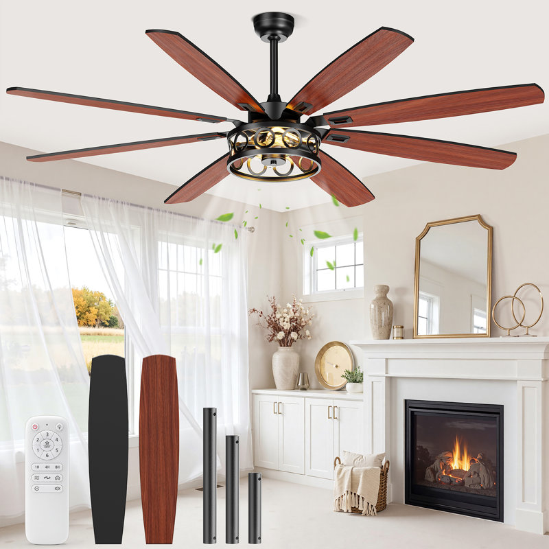 72" 8-Blade Vintage Caged Ceiling Fan with Light, Remote Control , 6+1 Speed Reversible DC Motor, 72" Wide