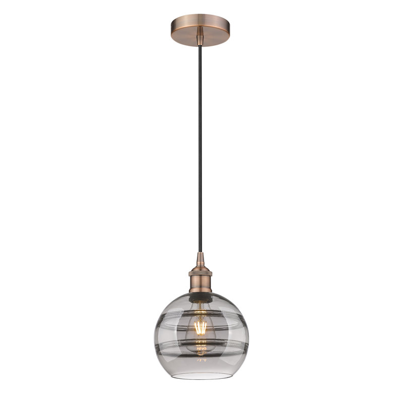 Luminaire suspendu 1 lumière Edison Bienes-616-G556, H 9,88 po x l 8 po x P 8 po, Gris fumée clair, Cuivre antique