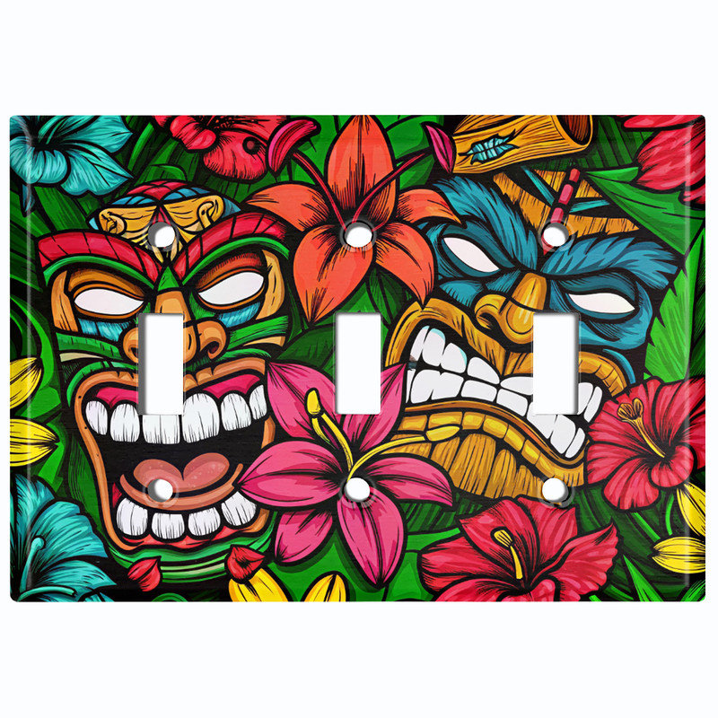 Plaque de protection pour interrupteur à bascule triple en métal - Masque Tiki tropical, Triple # 3
