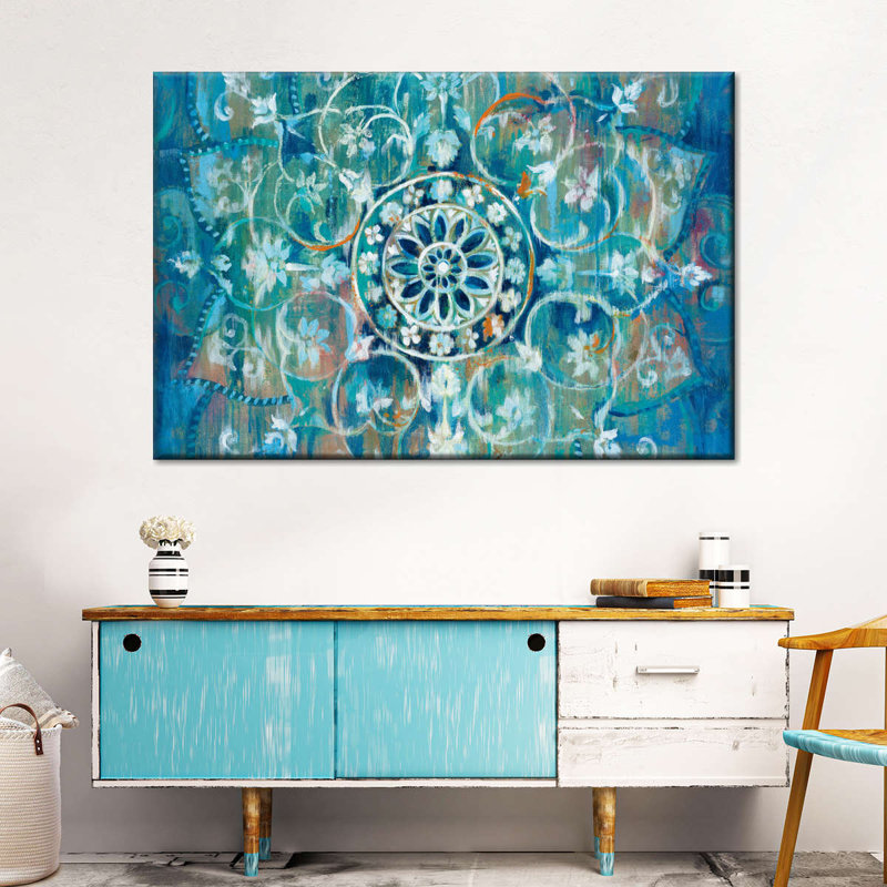 Mandala en bleu I sur toile, H 32 po x l 48 po x P 1,25 po