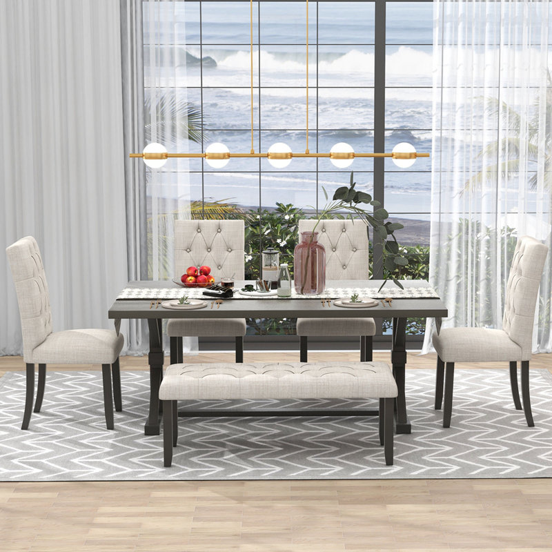 6-Piece Farmhouse Dining Table Set 72" Wood Rectangular Table, 4 Upholstered Chairs with Bench, Grey