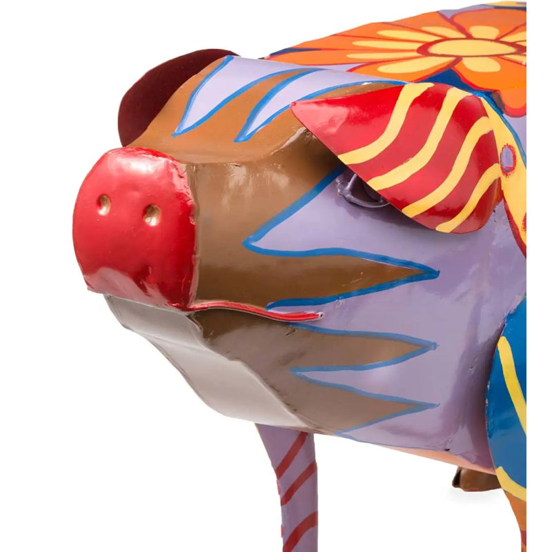 Colorful Folk Art Pig Metal Outdoor Side Table