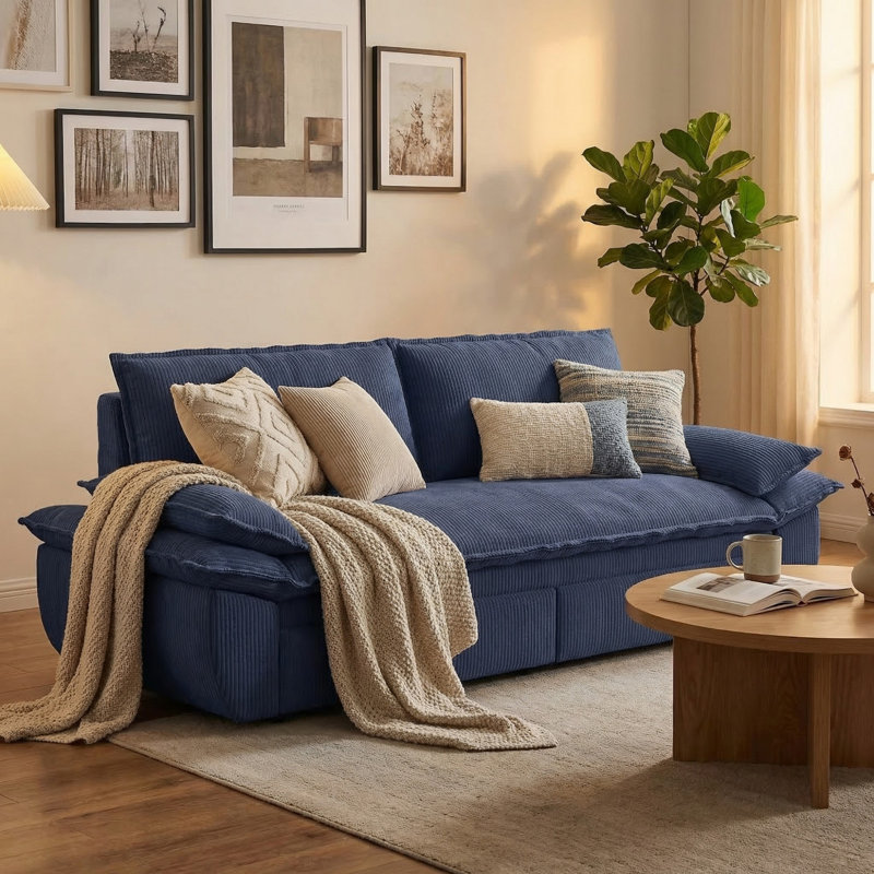 73.21" Queen Pull Out Sofa Bed, 3-in-1 Convertible Sleeper Sofa Bed for Living Room, Dark Blue Corduroy