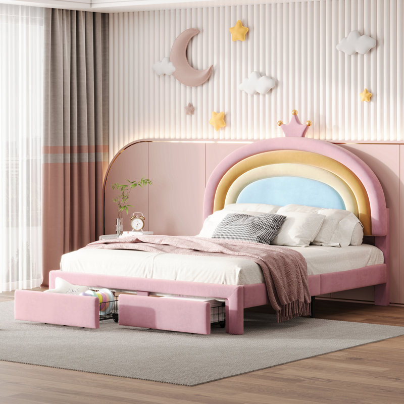 Upholstered Rainbow Design Bed, Velvet Princess Platform Bed With Storage Drawer, No Box-Spring Needed,Colorful&Pink, Full XL