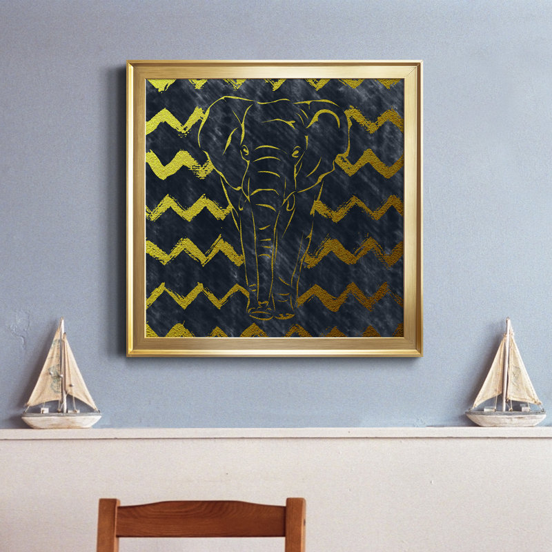 Éléphant brossé - Peinture sur toile encadrée, Cadre doré, H 17,5 po x l 17,5 po x P 1,5 po