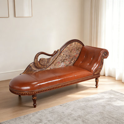 Chaise longue d'intérieur en bois massif et cuir