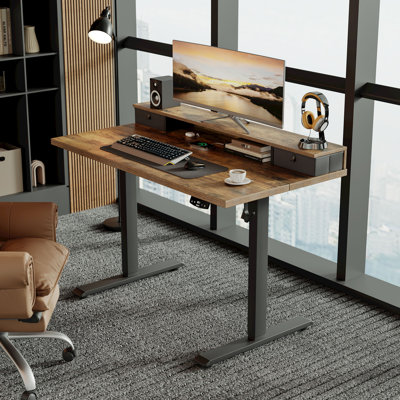 Electric Standing Desk With Drawers,Home Office Height Adjustable  Desk with Large Monitor Shelf