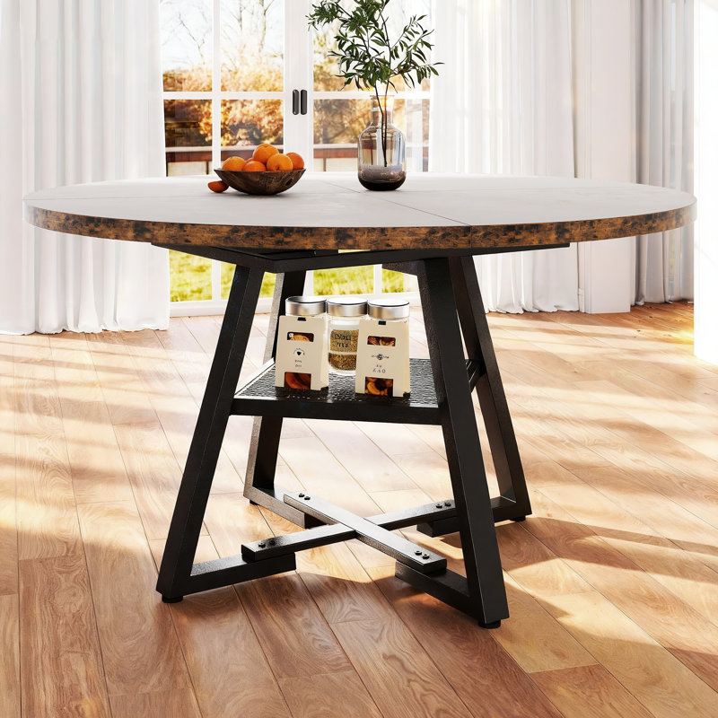 Round Dining Table Farmhouse Kitchen Table,Space Saving Dinner Table For Kitchen & Dining Room, Brown