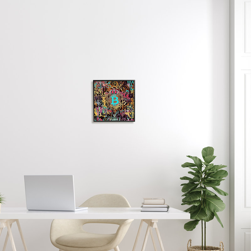 «Graffiti Street Style Bitcoin Symbole» par Irena Orlov - cadre flottant, impression sur bois, Giclée encadrée noir minuit