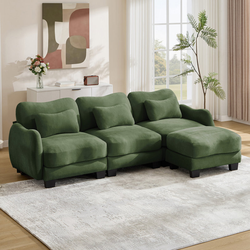 Canapé en L Chenille avec 1 repose-pieds mobile, canapé modulaire surdimensionné à 3 places avec 3 coussins de taille exquise, conception ergonomique, canapé modulaire facile à assembler pour le bureau du salon, vert