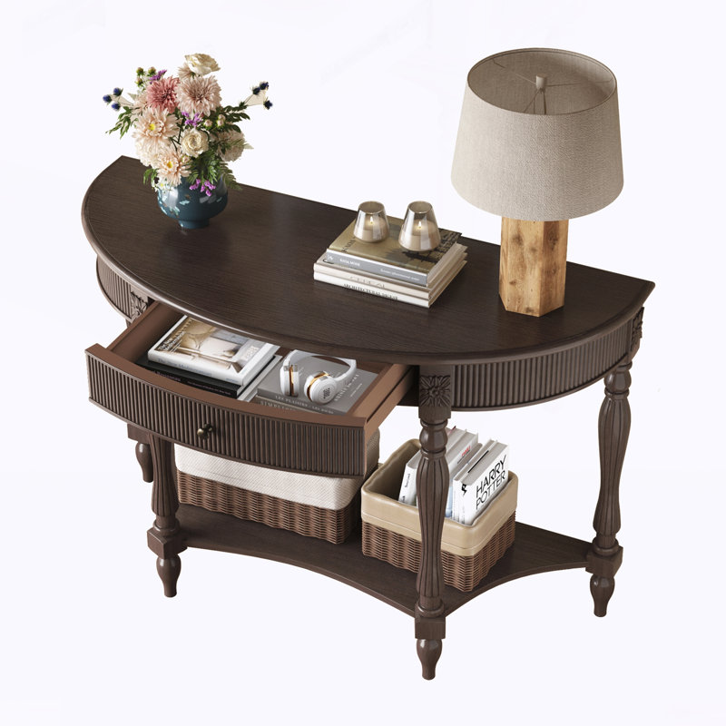 Console demi-lune avec tiroir et tablette, Deep Rustic Brown, Deep Rustic Brown, Brun rustique profond