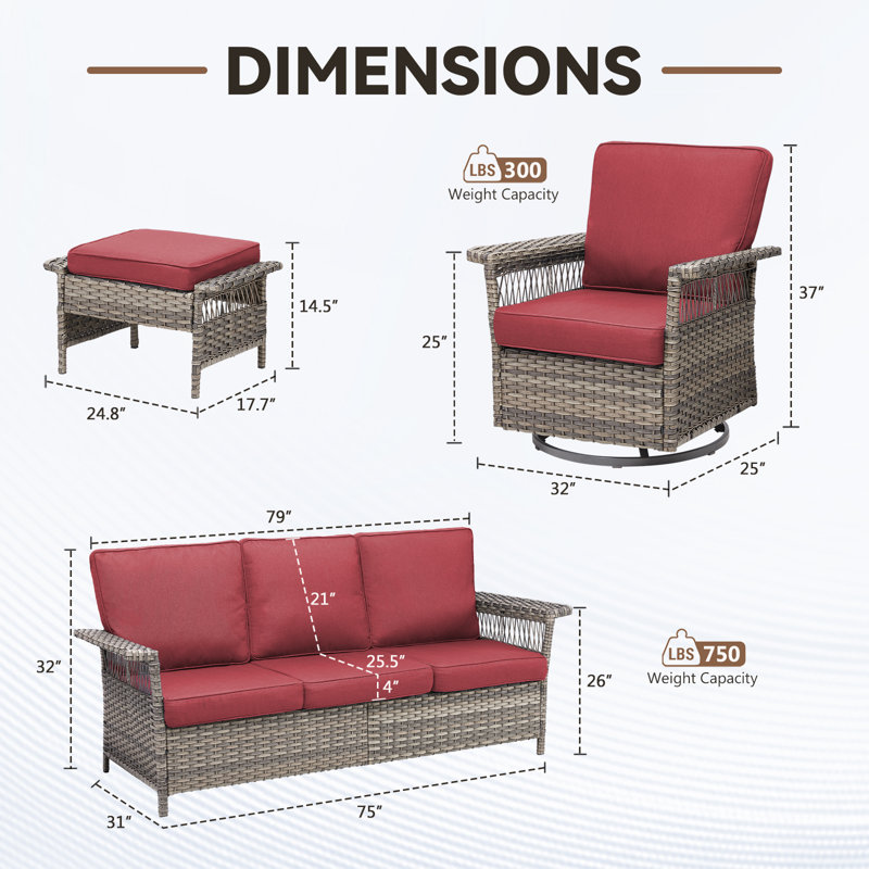 Anferney 5-Piece Outdoor Patio Sofa Conversation Set With Swivel Chairs, Red