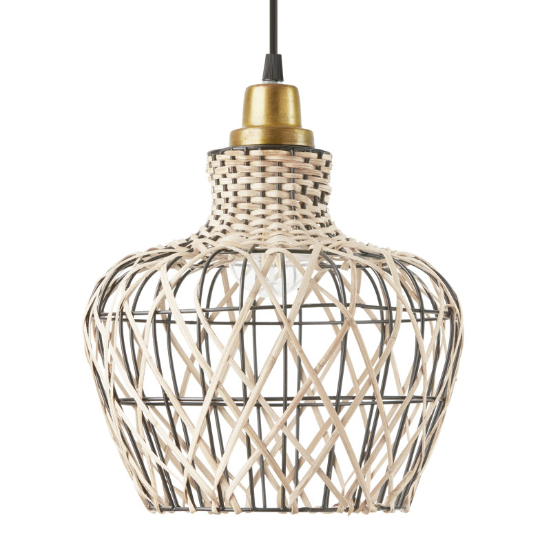 10.25"W 1-Light Auman Rattan and Metal Pendant, Gold