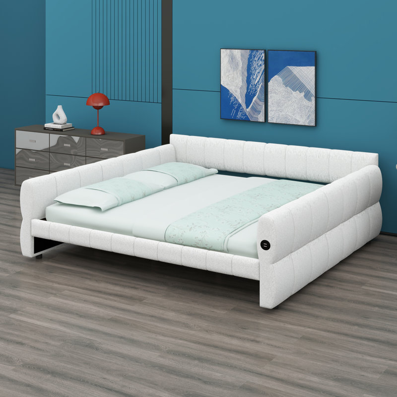 Lit plateforme rembourré élégant avec accès USB pratique, White