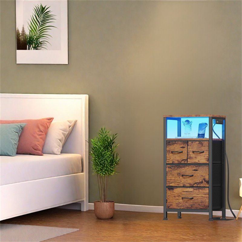 Table de chevet multifonctionnelle avec station de charge, lumières DEL et rangement, Brun