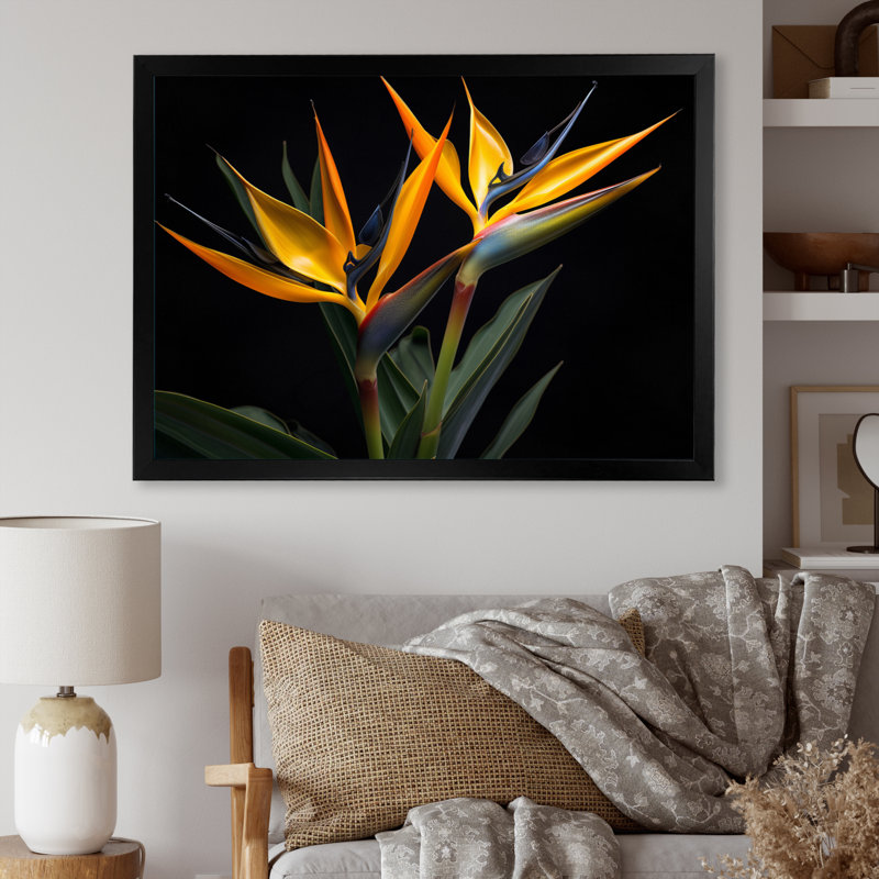 Oiseaux de paradis fleurs I - Art mural oiseaux de paradis, Cadre simple noir, H 34 po x l 44 po x P 1,5 po