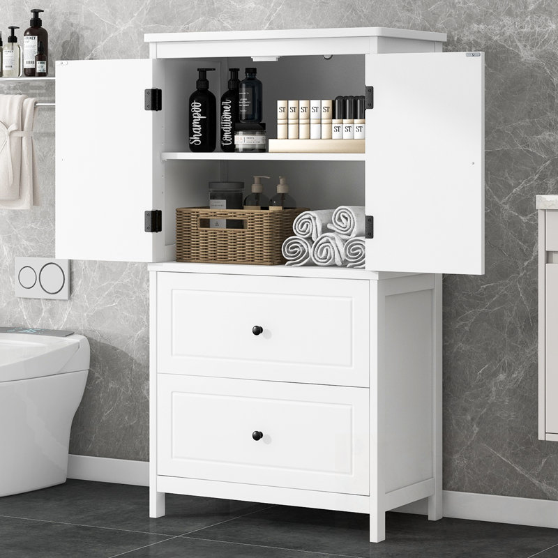 Bathroom Storage Cabinet With Two Doors, Two Drawers And Adjustable Shelf, White