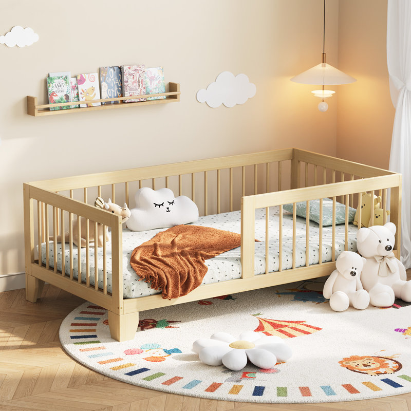 Solid Wood Toddler Bed, Twin Kids Floor Bed, Montessori Floor Bed With Guardrail