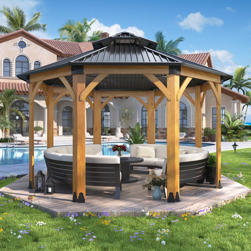 13 Ft. x 13Ft. Outdoor Octagon Spruce Wooden Gazebos with Galvanized Steel Roof for Garden, Porch and  Lawn