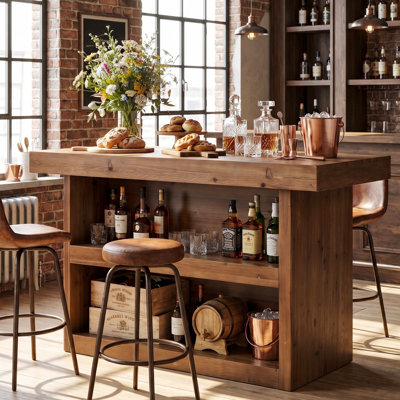 55.12" Solid Wood Bar Table with Open Storage Shelves, Rustic High-Top Pub Table with Sturdy Side Panels & Leg Room, Farmhouse Breakfast Bar for Kitchen & Dining